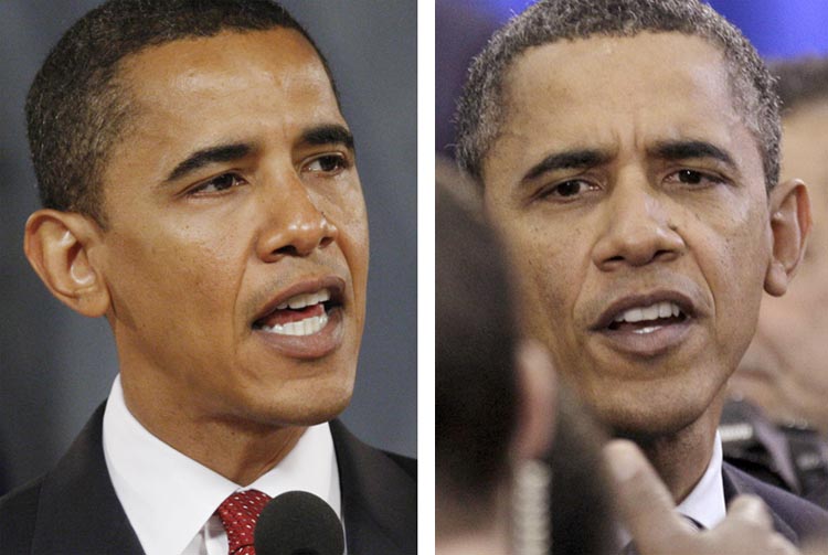 Then-presidential hopeful Sen. Barack Obama, left, in August 2007, and President Obama today.