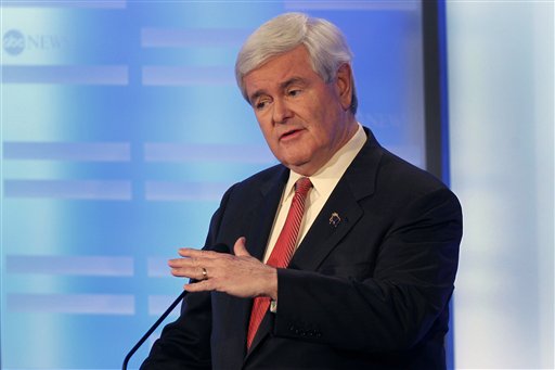 Former House Speaker Newt Gingrich answers a question during a Republican presidential debate at Saint Anselm College in Manchester, N.H. on Saturday. (AP Photo/Elise Amendola) Former House Speaker Newt Gingrich answers a question during a Republican presidential candidate debate at Saint Anselm College in Manchester, N.H., Saturday, Jan. 7, 2012. (AP Photo/Elise Amendola)