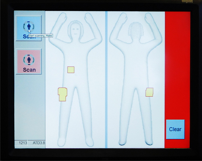The new passenger screening devices at Portland International Jetport uses new software that displays the suspect items on a generic body outline rather than a passenger-specific image.
