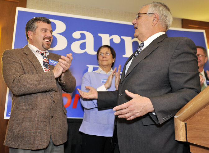 In this Nov. 2, 2010, photo, Rep. Barney Frank, D-Mass., right, thanks his partner Jim Ready at a party in Newton, Mass., after Frank won re-election in the 4th Congressional District. Frank is retiring from Congress at the end of the 2012 term.