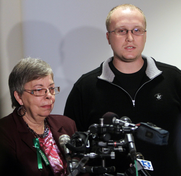 Julianne McCrery's mother Lu Rae McCrery, left, and Julianne's son Ian McCrery talk to reporters following the sentencing hearing today.