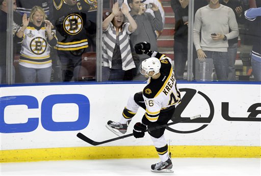 Boston Bruins center David Krejci (46) celebrates after scoring the game winning goal during a shootout in a game Monday against the Florida Panthers in Sunrise, Fla. The Bruins defeated the Panthers in a shootout 3-2.