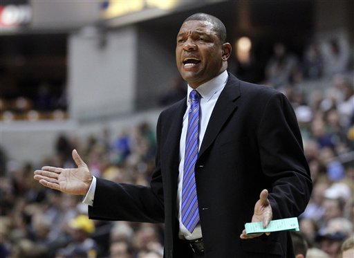 Boston Celtics head coach Doc Rivers questions a call in the first half of an NBA basketball game against the Indiana Pacers on Saturday in Indianapolis.