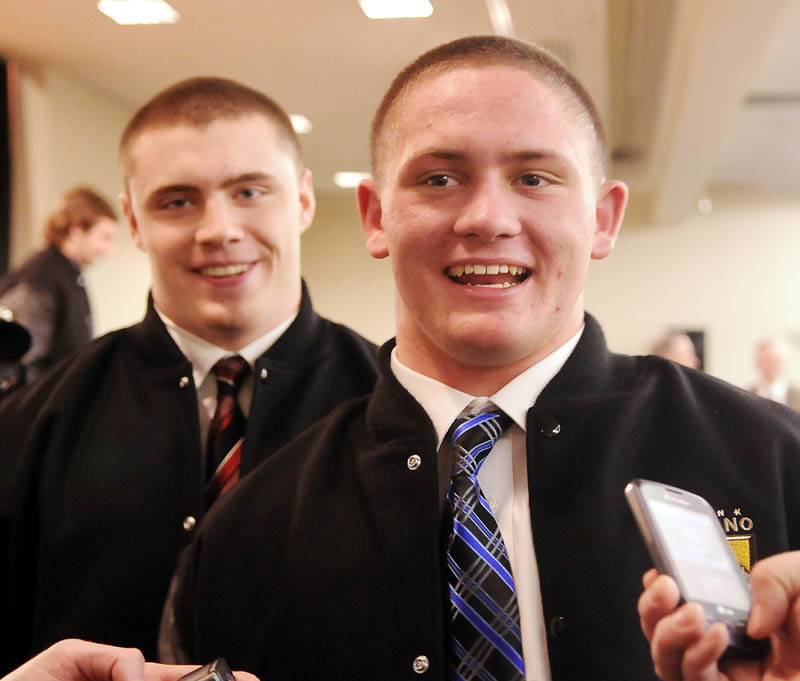 WINNERS: Luke Libby, of Thornton Academy, right, and Logan Mars, of Scarborough High School, won the Gaziano Linemen Awards at a ceremony Sunday in Augusta.