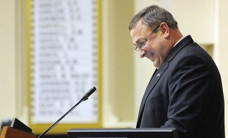 Gov. Paul LePage gives his first State of The State address to a joint session of the Maine House and Senate on Tuesday night at the State House in Augusta.