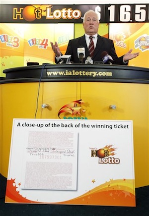 Iowa Lottery CEO Terry Rich speaks during a news conference at the Iowa Lottery headquarters, Monday, Jan. 23, 2012, in Des Moines, Iowa. (AP Photo/Charlie Neibergall)