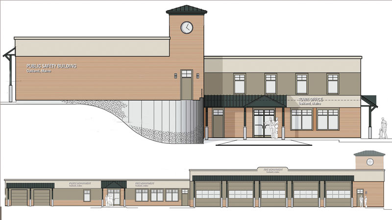 Front and side views of the proposed building for Oakland’s police, fire and town offices. Voters recently rejected building the new offices.