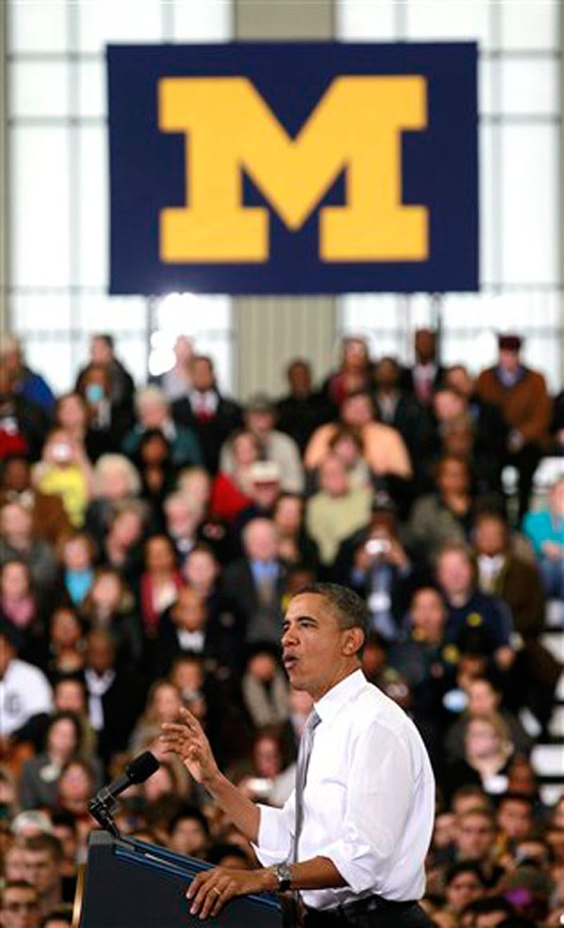 President Barack Obama speaks at the University of Michigan's Al Glick Field House, Friday, Jan. 27, 2012, in Ann Arbor, Mich. (AP Photo/Haraz N. Ghanbari)