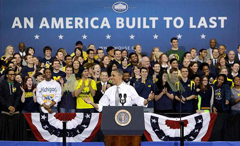 President Barack Obama speaks at the University of Michigan's Al Glick Field House, Friday, Jan. 27, 2012, in Ann Arbor, Mich. (AP Photo/Carlos Osorio)