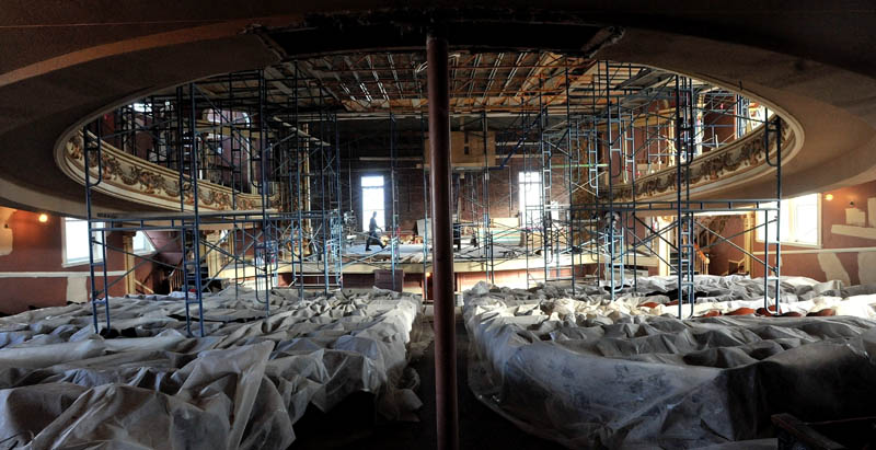 Tarps and scaffolding fill the Waterville Opera House as renovations continue forward on Tuesday.
