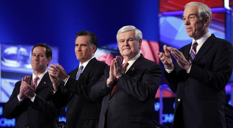 Republican presidential candidates Rick Santorum, Mitt Romney, Newt Gingrich and Ron Paul last week in Charleston, S.C. Paul will speak Friday at Waterville's Colby College.
