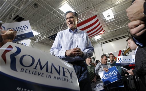 Mitt Romney campaigns at Ring Power Lift Trucks in Jacksonville, Fla., today.