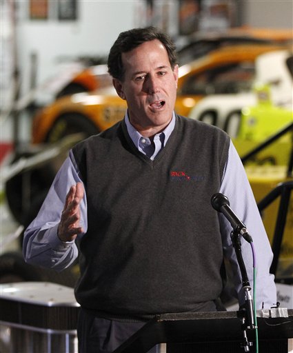 Republican presidential candidate, former Pennsylvania Sen. Rick Santorum speaks during a campaign appearance at the National Sprint Car Hall of Fame Saturday, Dec. 31 in Knoxville, Iowa. (AP Photo/Chris Carlson)
