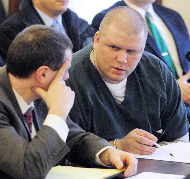 Attorney Kevin Sullivan, left, sits with Peter George Bathgate II who pled guilty today in Kennebec County Superior Court to the intentional and knowing murder of Peter Allen. Bathgate will spend 45 years in prison for the Dec. 3, 2010 murder.