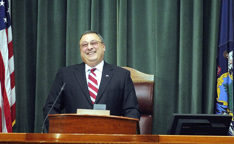 Gov. Paul LePage gives his first State of the State address to a joint session of the Maine House and Senate on Tuesday night at the State House in Augusta.
