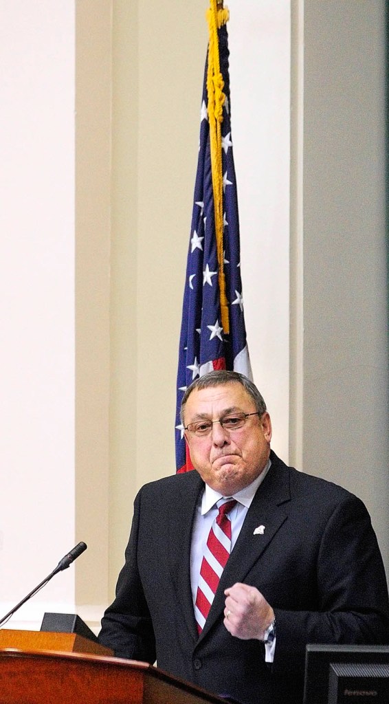 Gov. Paul LePage gives his first State of The State address to a joint session of the Maine House and Senate he on Tuesday night at the State House in Augusta.