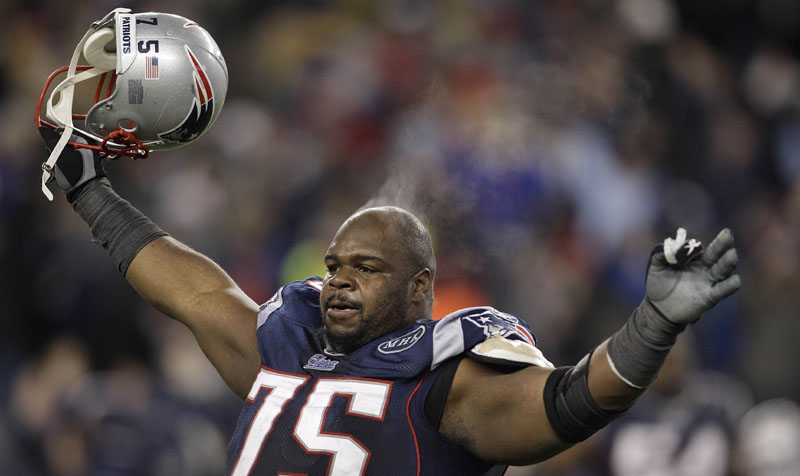 VICTORIOUS: New England Patriots defensive tackle Vince Wilfork celebrates during the closing seconds of the AFC Championship on Sunday in Foxborough, Mass. The Patriots defeated the Ravens 23-20 to advance to Super Bowl XLVI. playoff playoffs