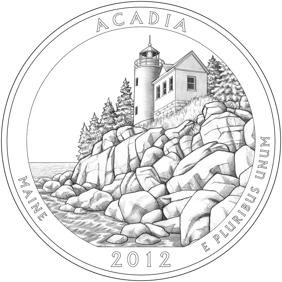 The U.S. Mint's design for the Maine quarter to be issued this summer. The designer is Barbara Fox and the engraver is Joseph Menna.