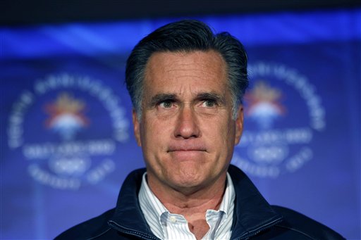 Republican presidential candidate Mitt Romney pauses while speaking to a group of former Salt Lake City Olympics committee members, marking the tenth anniversary of the games, in Salt Lake City, Utah, Saturday, Feb. 18, 2012. (AP Photo/Gerald Herbert)