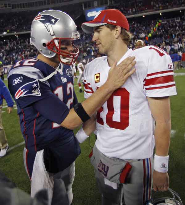 A TREND: New England Patriots quarterback Tom Brady, left, has lost to Eli Manning and the New York Giants two straight times — in Super Bowl XLII four years ago and most recently on Nov. 6 in Foxborough, Mass. They meet again today in Super Bowl XLVI in Indianapolis.