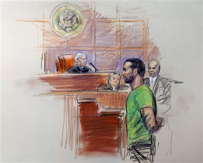This artist rendering shows Amine El Khalifi before U.S. District Judge T. Rawles Jones Jr. in federal court in Alexandria, Va., Friday, Feb. 17, 2012. (AP Photo/Dana Verkouteren)