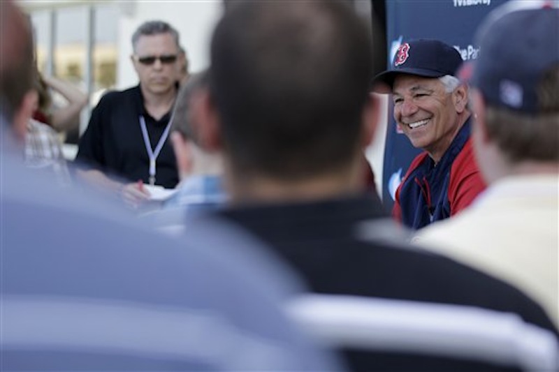 Boston Red Sox manager Bobby Valentine speaks during a news conference following a baseball spring training workout Tuesday, Feb. 21, 2012, in Fort Myers, Fla. (AP Photo/David Goldman)