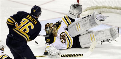 Buffalo Sabres' Patrick Kaleta (36) shoots the puck on Boston Bruins goalie Tuukka Rask, of Finland, during the third period of an NHL hockey game in Buffalo, N.Y., Friday, Feb. 24, 2012. The Sabres won 2-1 in a shootout. (AP Photo/David Duprey)