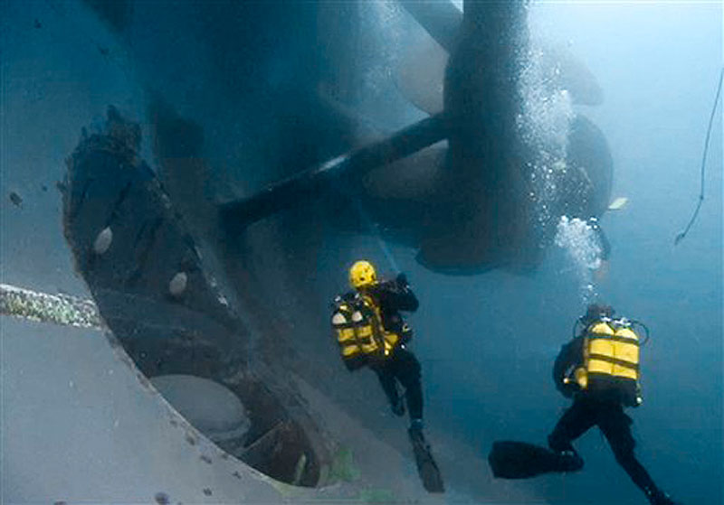 In this photo released by the Italian Fire Brigade, firemen scuba divers check one of the propellers of the luxury cruise ship Costa Concordia that ran ashore off the Tuscany island of Isola del Giglio in Italy. A veritable treasure now lies beneath the pristine Italian waters where the massive cruise liner ran aground last month. (AP Photo/Vigili del Fuoco)