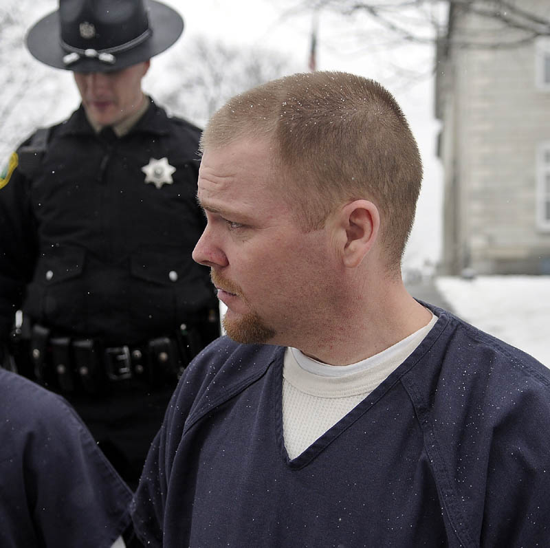 James Bickford, 33, is led from the Kennebec County Superior Court in Augusta on Tuesday after pleading guilty to gross sexual assault and a burglary charge stemming from an incident that occurred in July of 2011 in China.