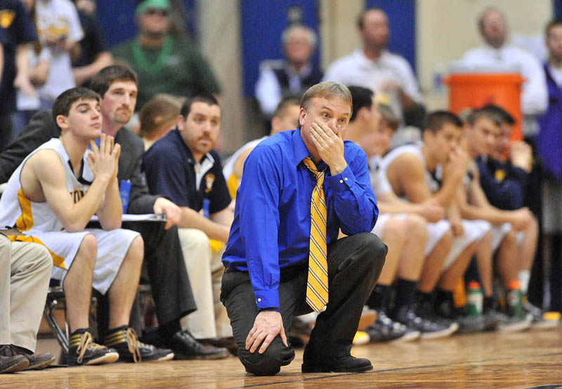 Medomak Valley High School head coach Nicholas DePatsy reacts after a technical foul for too many men on the floor in the second half of the Eastern Class B semi-finals at the Bangor Auditorium Wednesday. Gardiner defeated Medomak Valley 57-46.