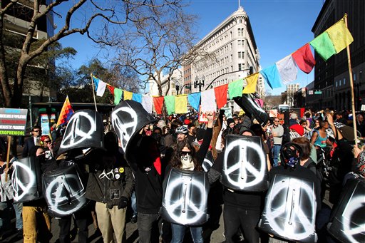 Occupy protesters march in Oakland, Calif. on Jan. 28, 2012.