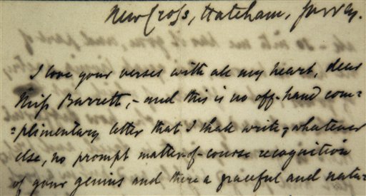 A detail of the first love letter sent by poet Robert Browning to poet Elizabeth Barrett in January of 1845. The letter begins: "I love your verses with all my heart, dear Miss Barrett."
