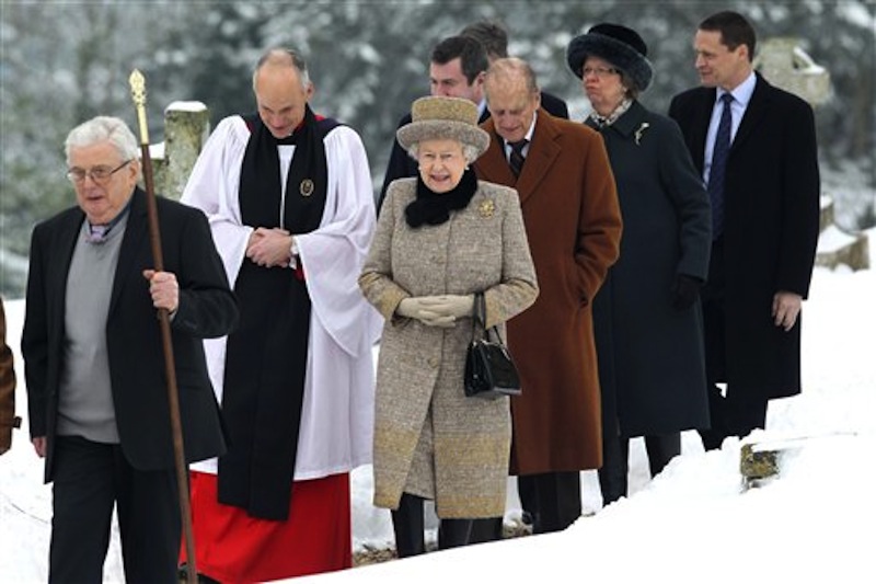 Britain's Queen Elizabeth II, centre, and her husband Prince Philip, 3rd right, arrive at the church of St. Peter and St. Paul at West Newton on Sunday. (AP Photo/PA, Chris Jackson) wparota