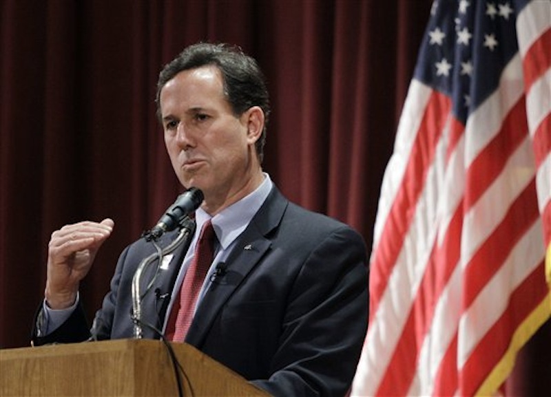 Republican presidential candidate Rick Santorum speaks during a campaign rally at the El-Zaribah Shrine Auditorium on Tuesday, Feb. 21 in Phoenix, Arizona. (AP Photo/Eric Gay)