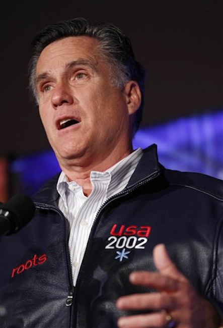 Republican presidential candidate Mitt Romney speaks to a group of former Salt Lake City Olympics committee members in Salt Lake City, Utah, Saturday, Feb. 18, 2012. (AP Photo/Gerald Herbert)