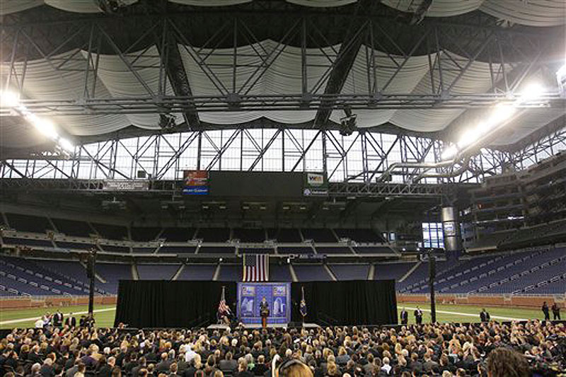 Republican presidential candidate Mitt Romney, addresses the Detroit Economic Club at Ford Field in Detroit, Friday, Feb. 24, 2012. (AP Photo/Carlos Osorio)