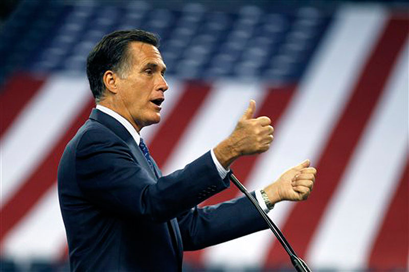 Republican presidential candidate Mitt Romney speaks to the Detroit Economic Club at Ford Field in Detroit, Friday, Feb. 24, 2012. (AP Photo/Gerald Herbert)