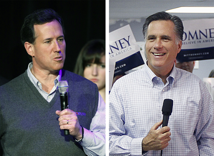 Republican presidential candidates Rick Santorum, left, and Mitt Romney.