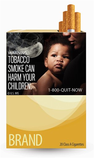 This image provided by the U.S. Food and Drug Administration shows one of nine new warning labels the agency wanted cigarette makers to use by the fall of 2012.