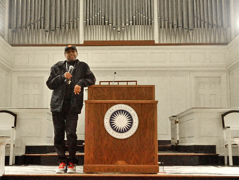 GUEST SPEAKER: Filmmaker and SHOUT! keynote speaker Spike Lee speaks to a packed Lorimer Chapel at Colby College on Friday night. SHOUT! — or Speaking, Hearing, Opening Up Together — is a student-organized weekend of events celebrating multiculturalism and community building at Colby.