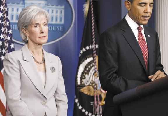 AP photo HELP OFFER: Health and Human Services Secretary Kathleen Sebelius, with President Barack Obama, during a recent news conference in Washington. Sebelius said Wednesday during a Senate Finance Committee hearing that she talked to Maine Gov. Paul LePage within the last two weeks about Maine’s effort to grapple with Medicaid costs. In Maine, Medicaid is called MaineCare.