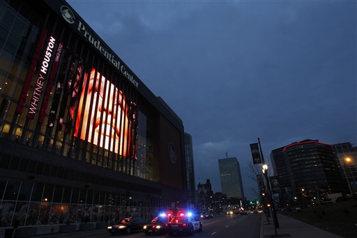 A tribute to Whitney Houston is displayed on the large video board outside the Prudential Center in Newark, N.J., on Tuesday.