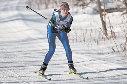 NORDIC UPSTART: Monmouth Academy freshman Becki Bryant skied to a third-place finish in the 5K freestyle Nordic race Wednesday at Black Mountain, helping the Mustangs, in their first year of existence, move into second place in the Mountain Valley Conference Nordic championships.