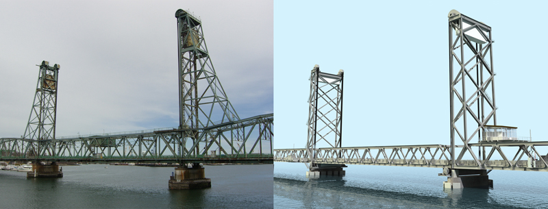 The Memorial Bridge lift span, left, will be removed on Monday. The computer-generated image at right shows what the span will look like when the new bridge is completed.