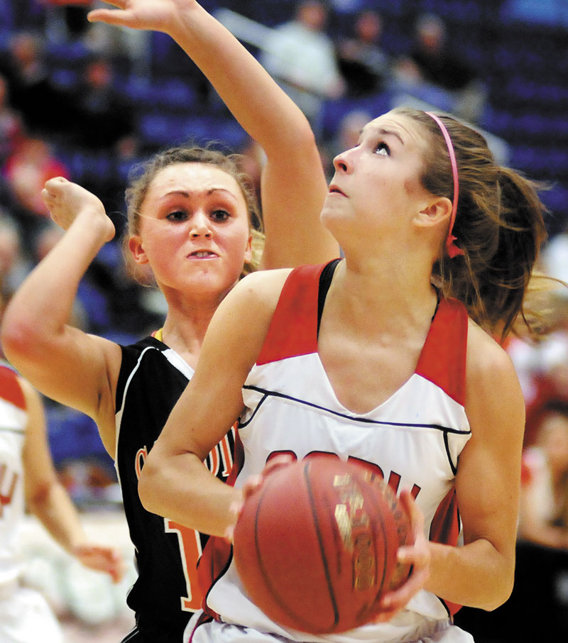 TOP SEED: Josie Lee, right, and the Cony High School girls basketball team are 18-0 and the No. 1 seed in the Eastern Maine Class A regional tournament. The Rams face No. 9 Bangor tonight.