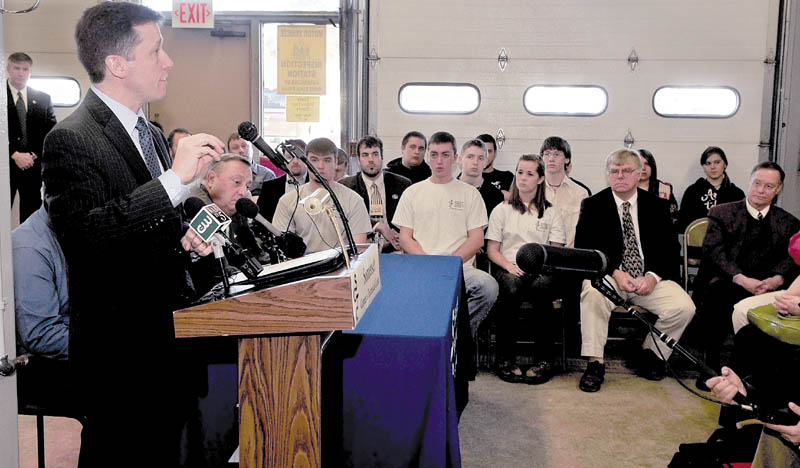 CHANGES: Education Commissioner Stephen Bowen addresses students and educators on new policies that would allow public funding of religious schools, change teacher evaluations and provide students greater school choice and expand technical education on Wednesday at the Somerset Career Technical Center in Skowhegan. Gov. Paul LePage, behind Bowen, also attended the announcement.
