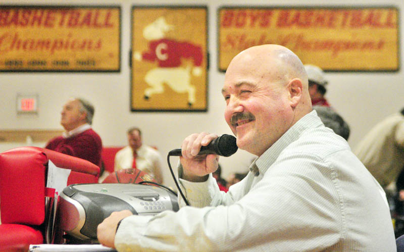 STEPPING AWAY: Mike Hopkins has been the basketball announcer for 25 years at Cony High School in Augusta. He did his last regular-season game there on Thursday evening.