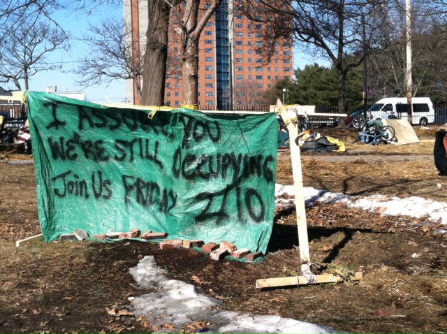 A sign posted today at what remains of the Occupy Maine encampment in Portland's Lincoln Park.