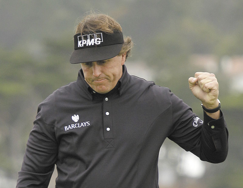 YES: Phil Mickelson reacts after making an eagle putt on the sixth hole at Pebble Beach Golf Links on Sunday during the final round of the AT&T Pebble Beach National Pro-Am in Pebble Beach, Calif.