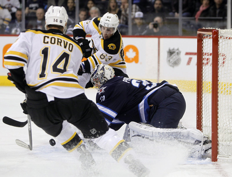 Ondrej Pavelec, goalie for Winnipeg, makes one of his 13 first-period saves as Boston’s Joe Corvo, left, and Brad Marchand converge. Pavelec made 31 saves in a 4-2 Winnipeg win.